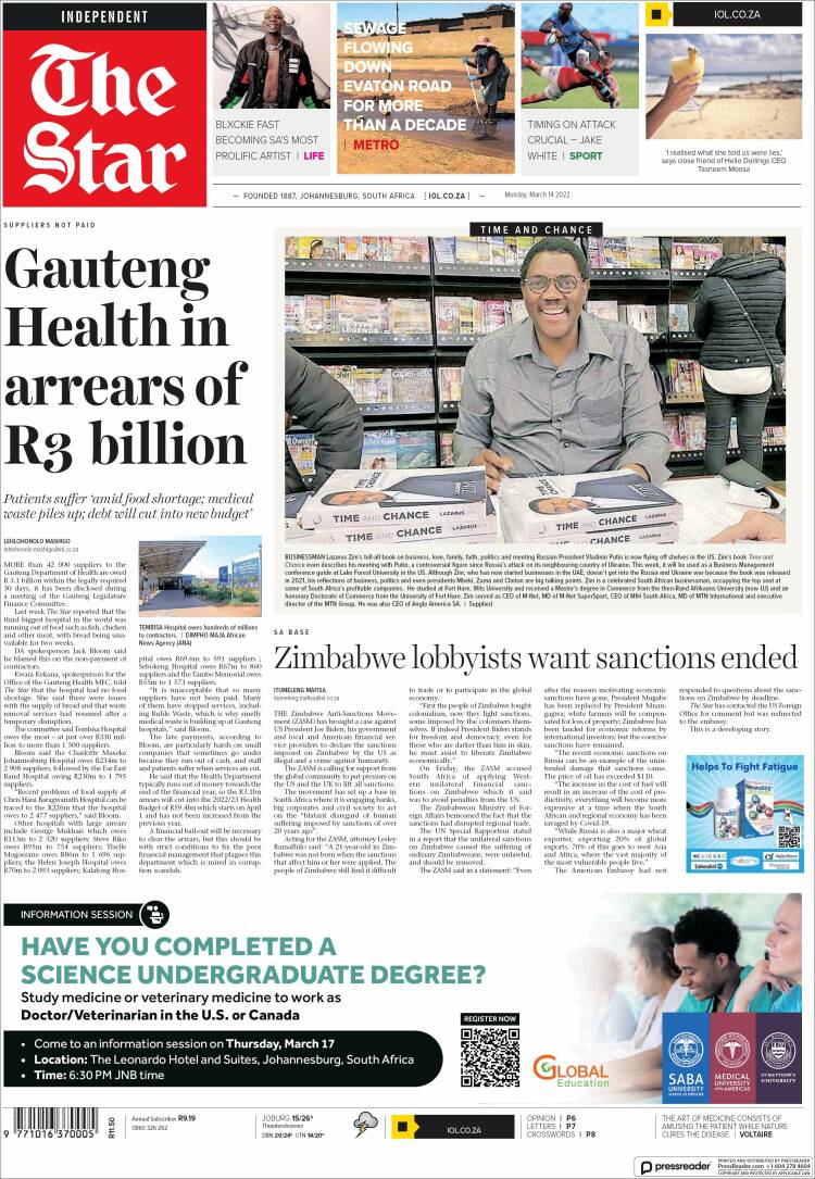 Portada de The Star (Sud&aacute;frica)