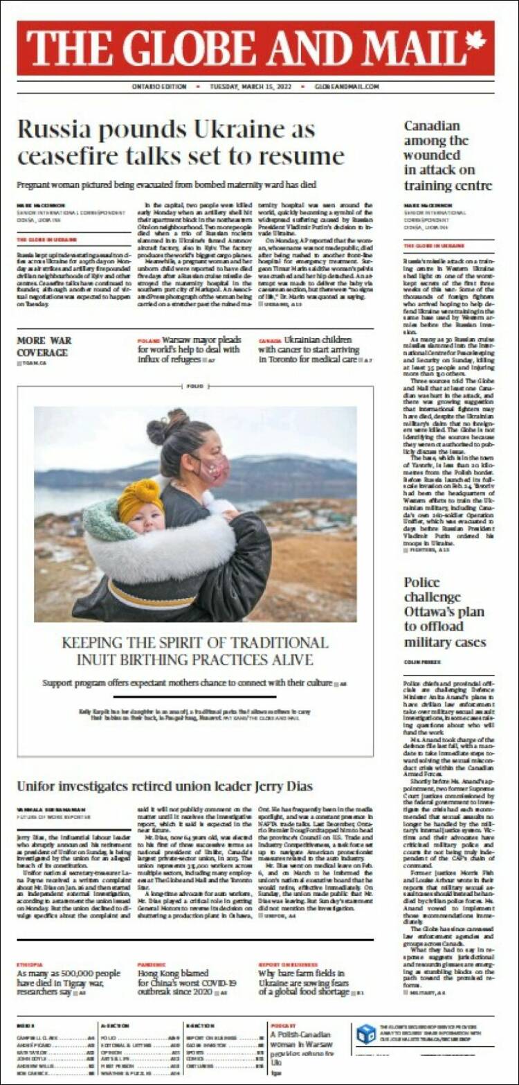 Portada de The Globe and Mail (Canadá)