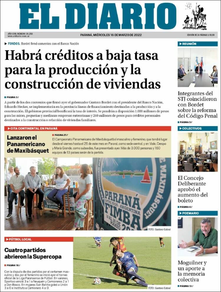 Portada de El Diario de Paraná (Argentina)