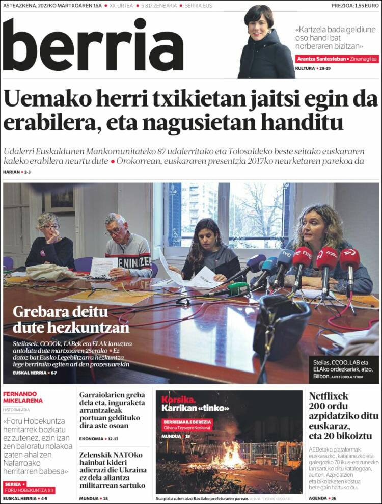 Portada de Berria (Espa&ntilde;a)