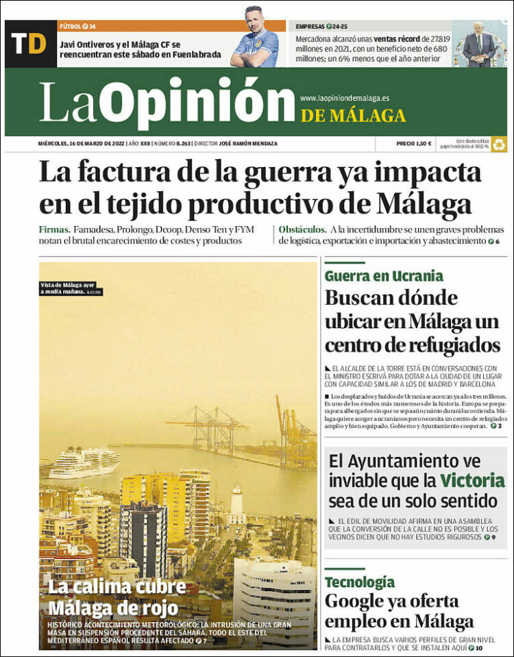 Portada de La Opinión de Málaga (España)