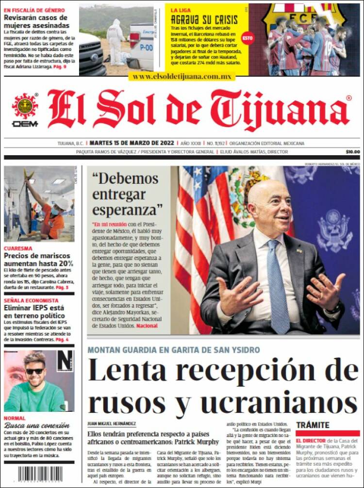 Portada de El Sol de Tijuana (M&eacute;xico)