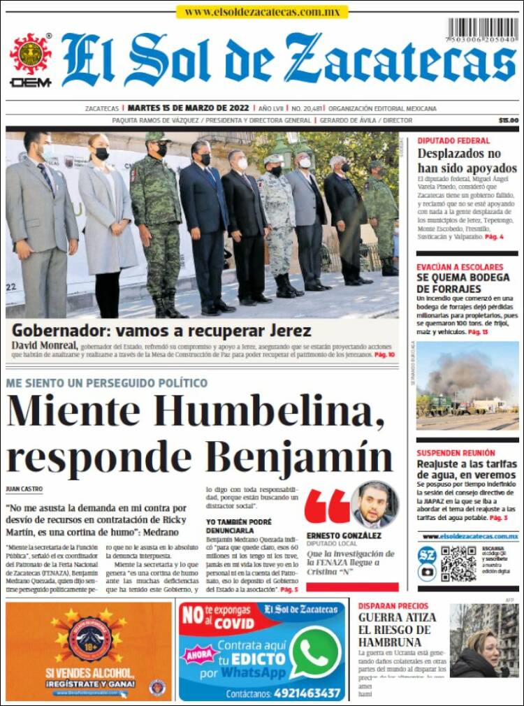 Portada de El Sol de Zacatecas (M&eacute;xico)