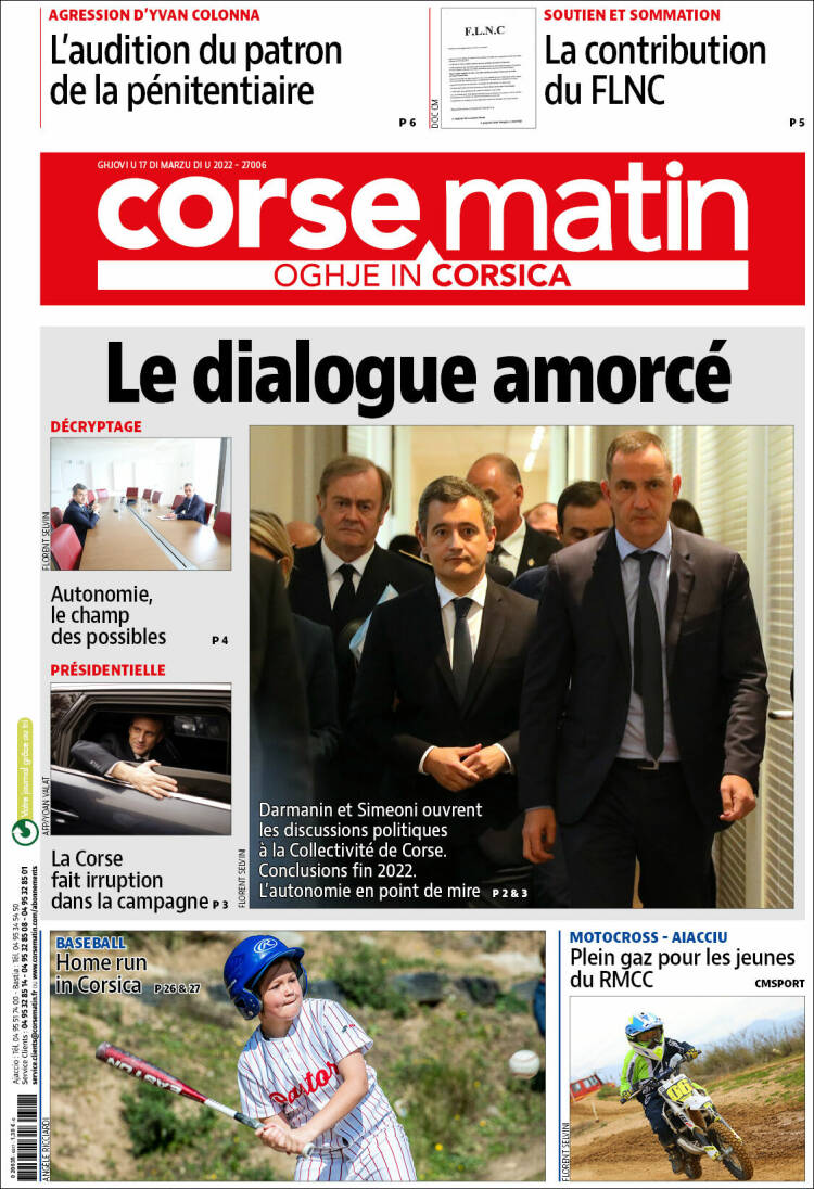 Portada de Corse-Matin (Francia)