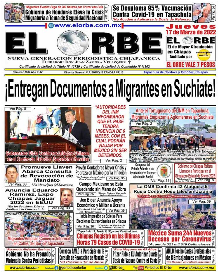 Periódico El Orbe (México). Periódicos de México. Edición de jueves, 17 de  marzo de 2022. 