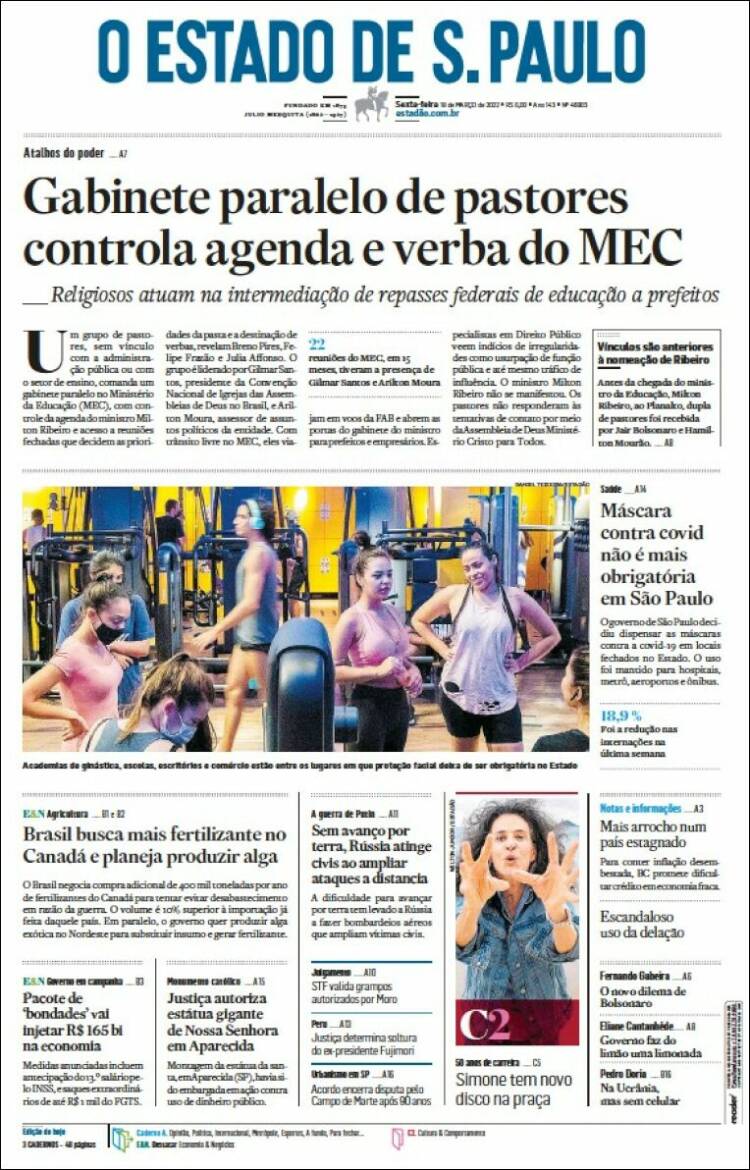 Portada de O Estado de São Paulo (Br&eacute;sil)