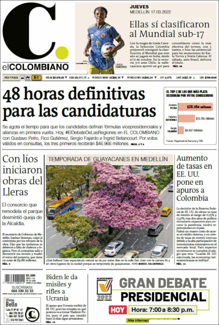 Portada de El Colombiano (Colombia)