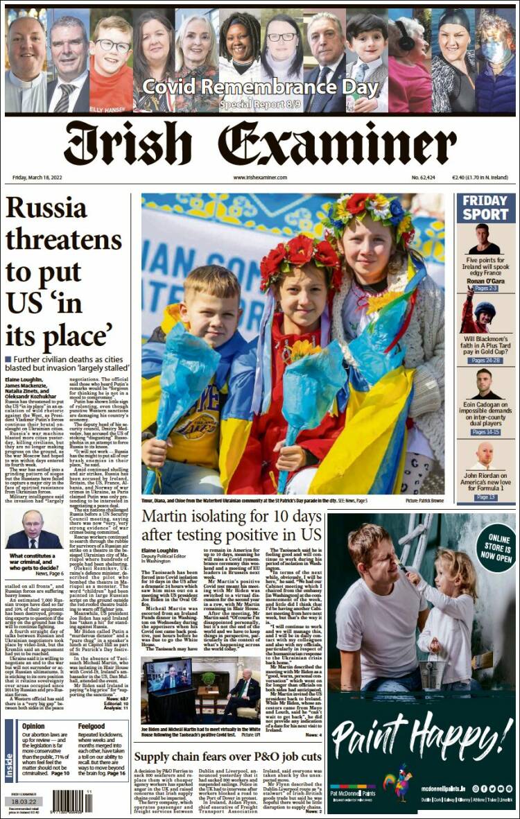 Portada de Irish Examiner (Irlande)