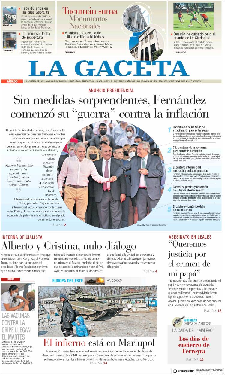 Portada de La Gaceta (Argentina)