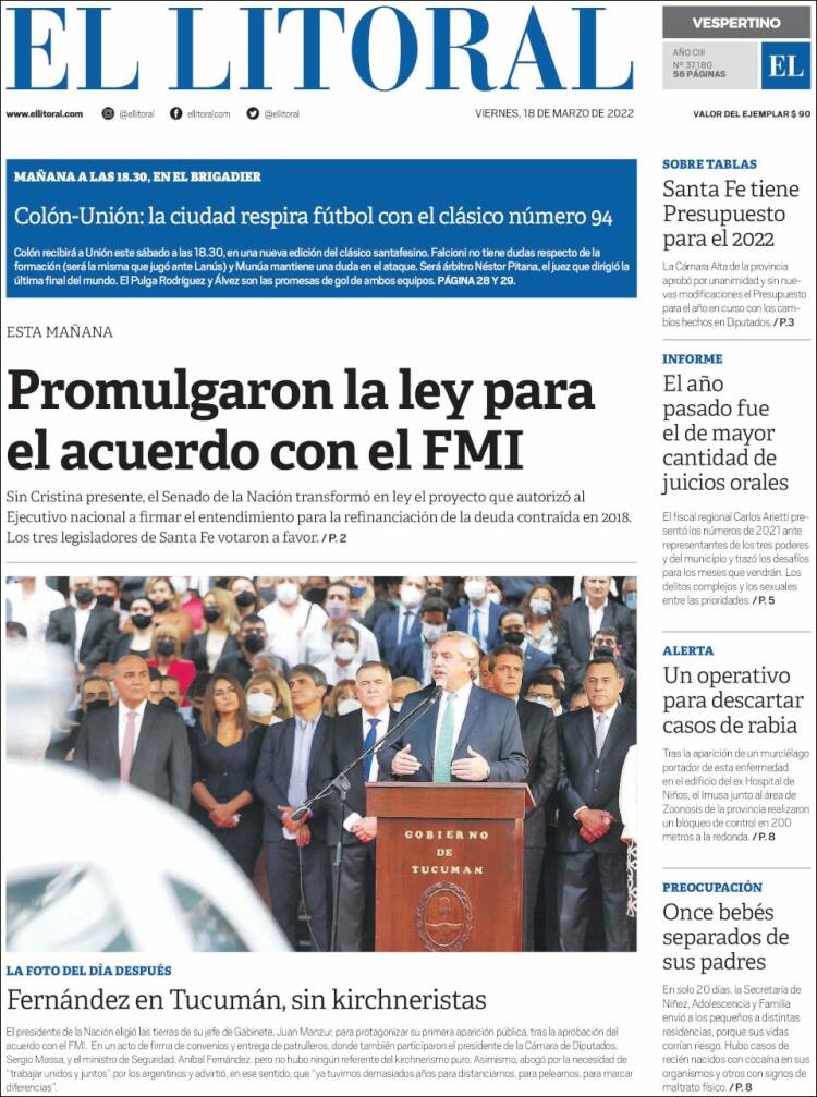 Portada de Diario El Litoral (Argentina)