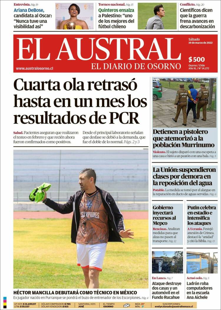 Portada de El Austral de Osorno (Chile)