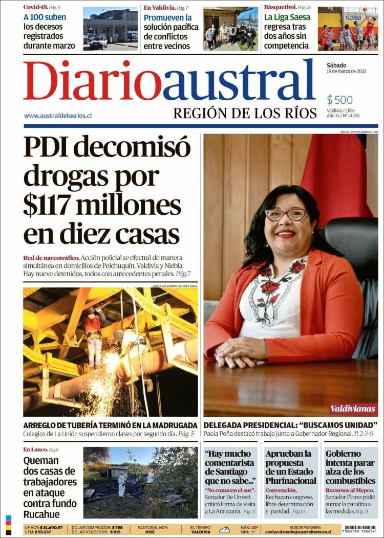 Portada de El Diario Austral de Valdivia (Chile)