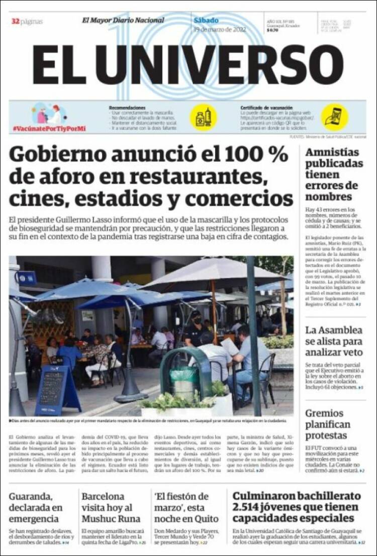 Portada de El Universo - Ecuador (Ecuador)