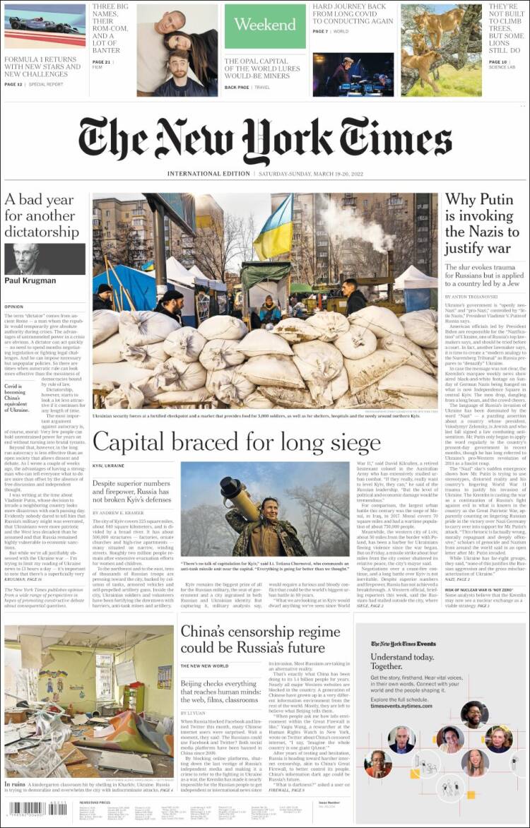 Portada de International New York Times (Europa)