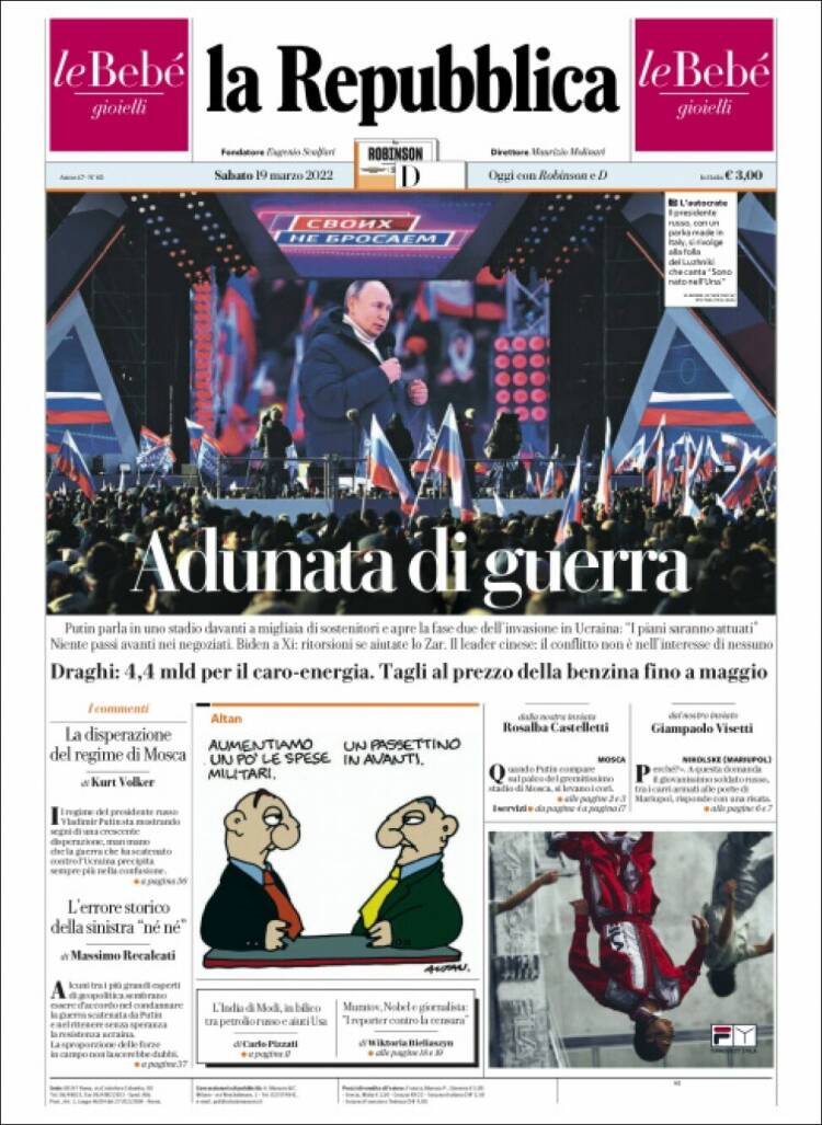 Portada de La Repubblica (Italia)