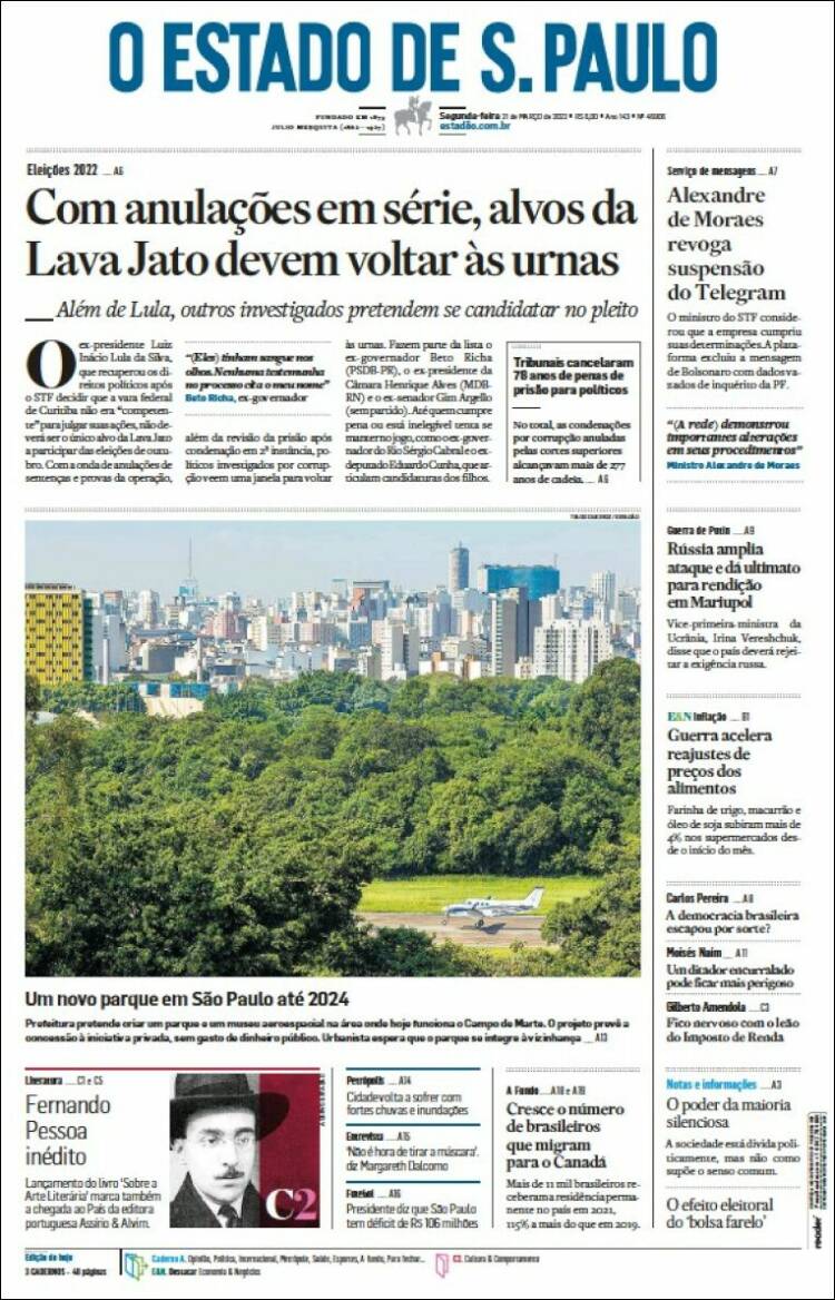 Portada de O Estado de São Paulo (Brasil)