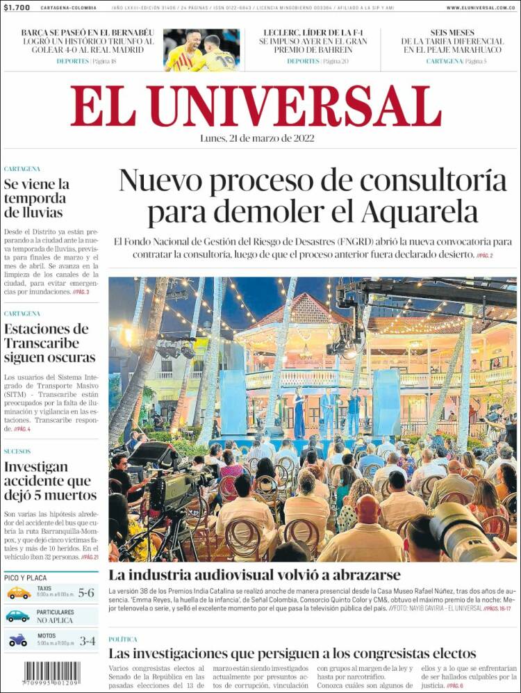Portada de El Universal (Colombia)