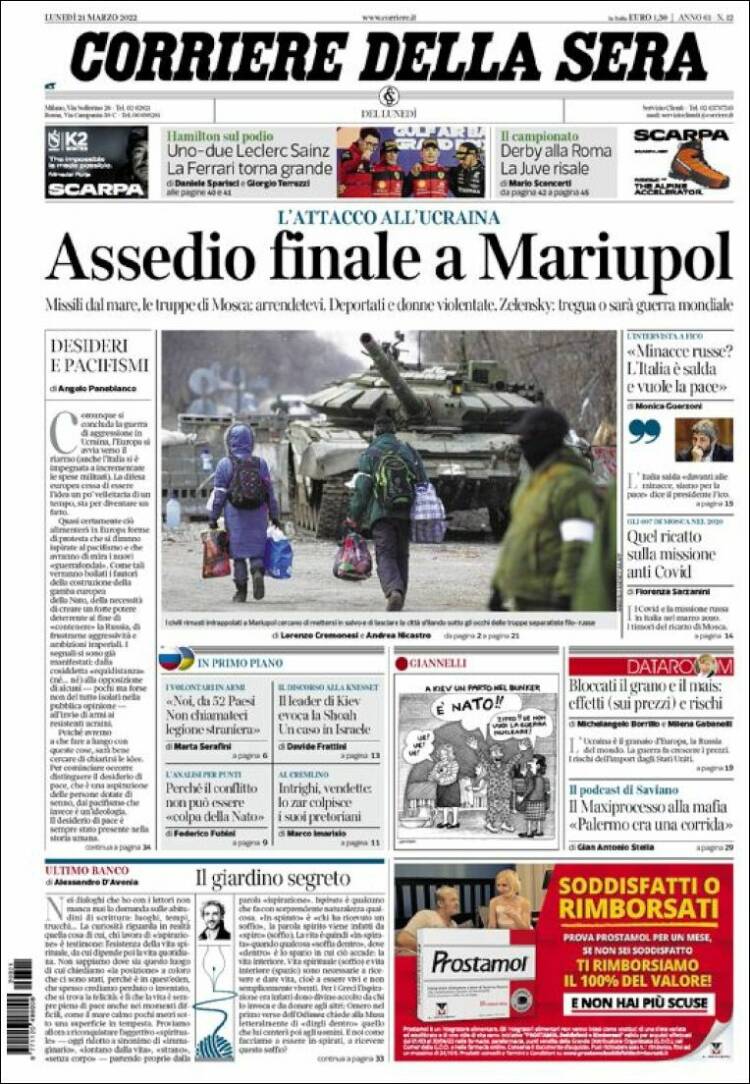 Portada de Corriere della Sera (Italia)