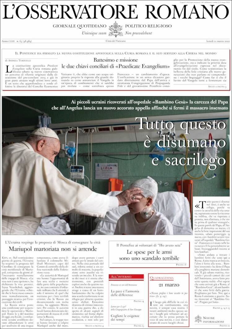 Portada de L'Osservatore Romano (Italia)