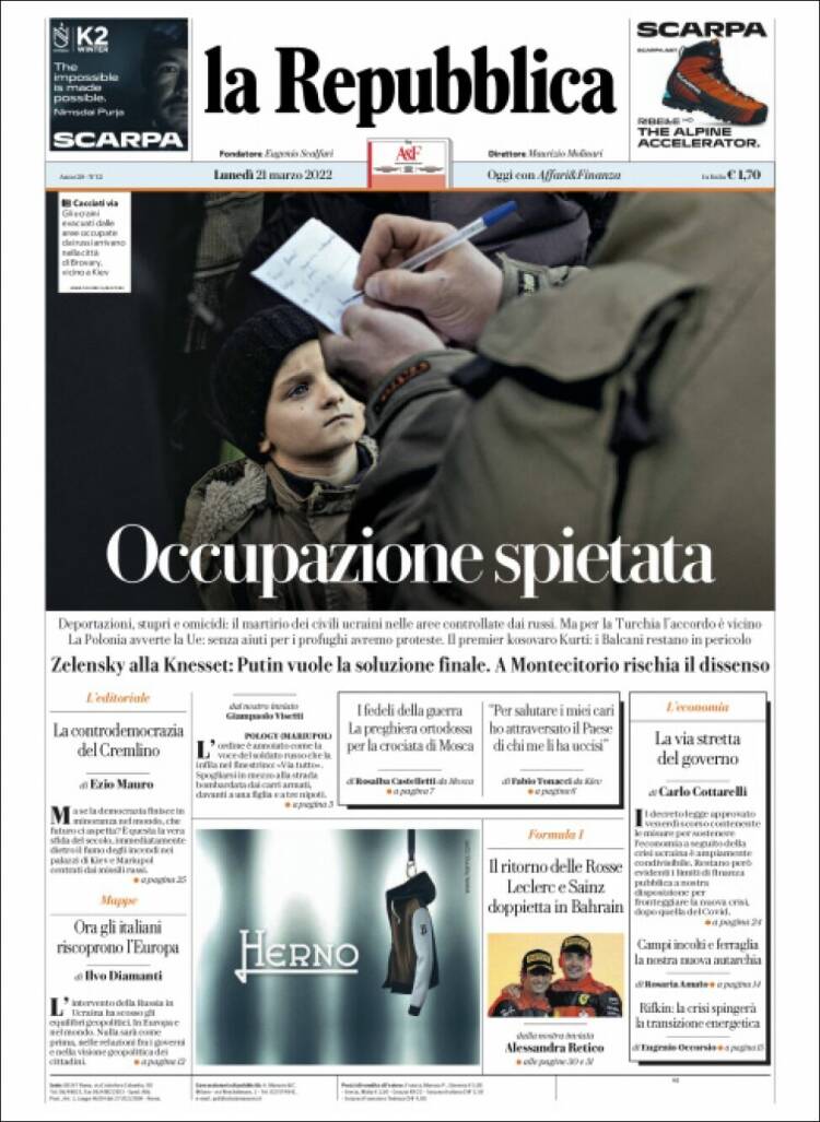 Portada de La Repubblica (Italia)