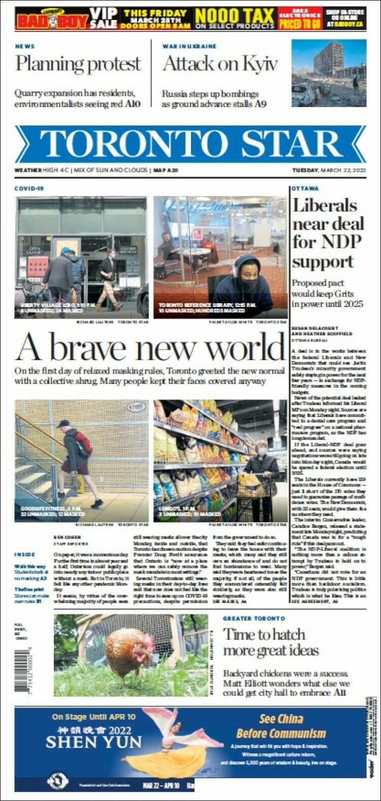 Portada de The Toronto Star (Canada)