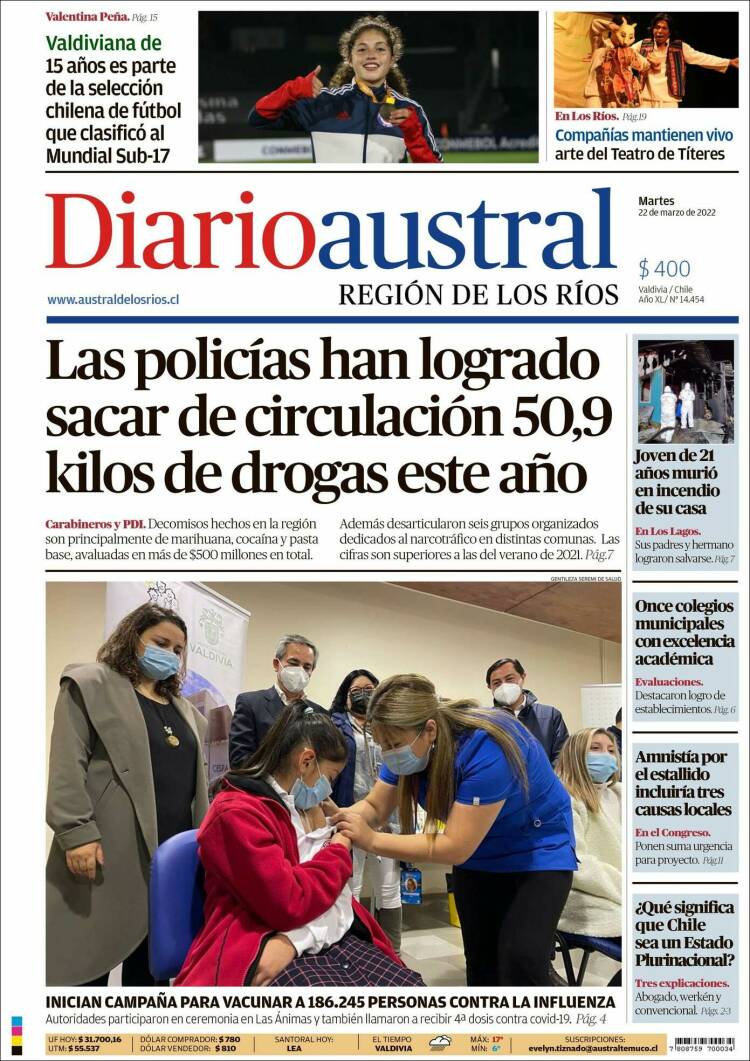 Portada de El Diario Austral de Valdivia (Chile)