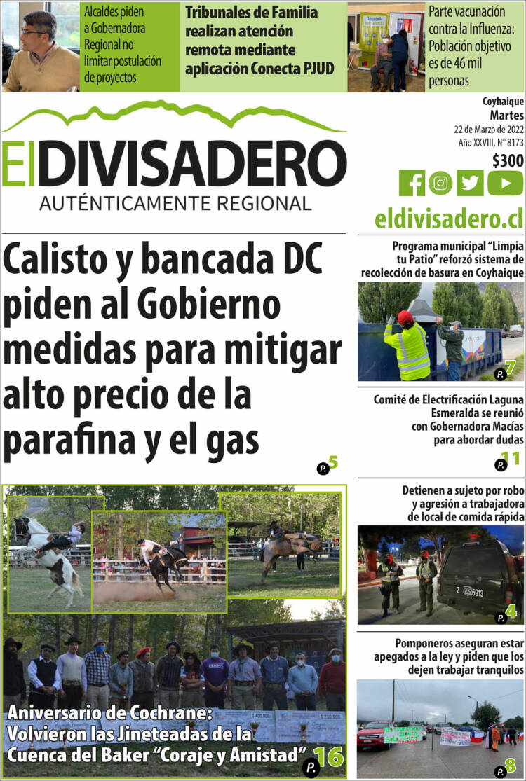 Portada de Diario El Divisadero (Chile)