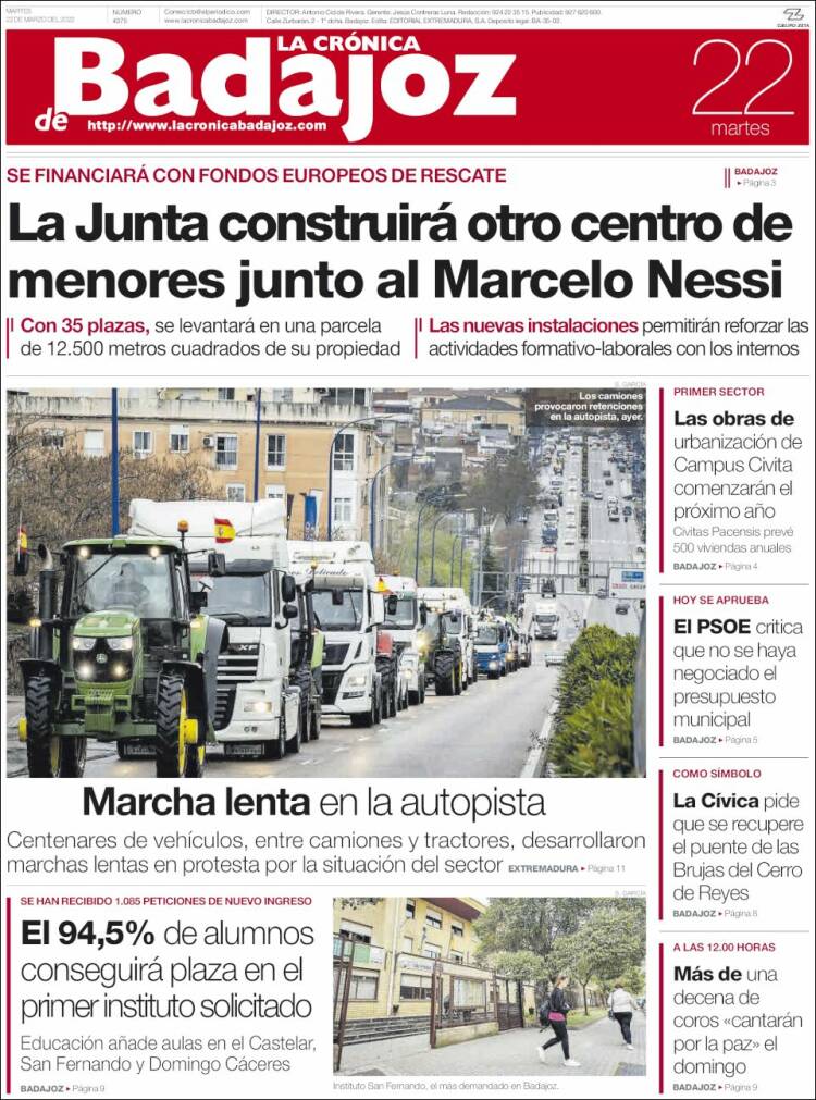 Portada de La Crónica de Badajoz (España)