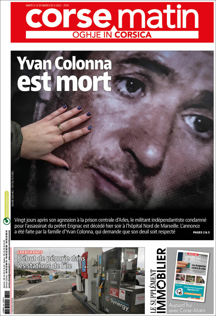 Portada de Corse-Matin (Francia)