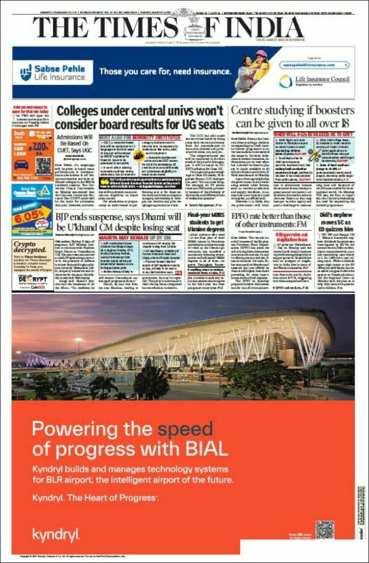 Portada de The Times of India (India)