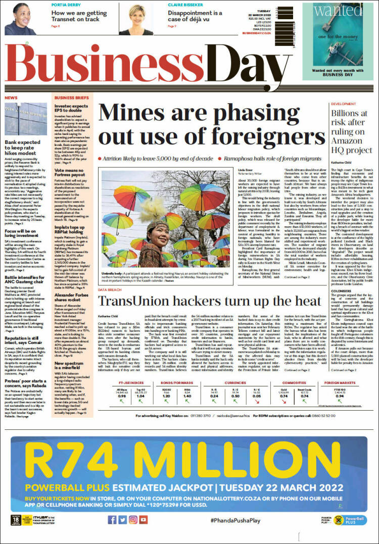 Portada de Business Day (Sud&aacute;frica)