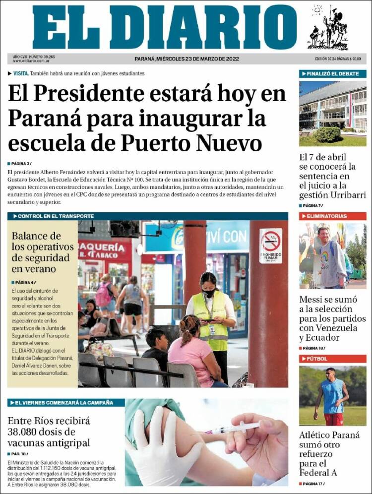 Portada de El Diario de Paraná (Argentina)