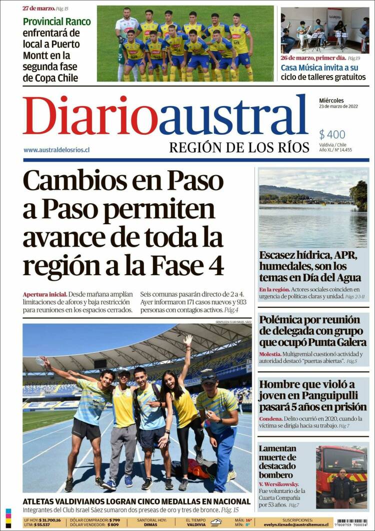 Portada de El Diario Austral de Valdivia (Chile)