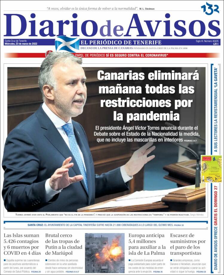 Portada de Diarios de Avisos (España)