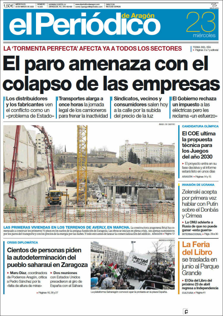 Portada de El Periódico de Aragón (España)