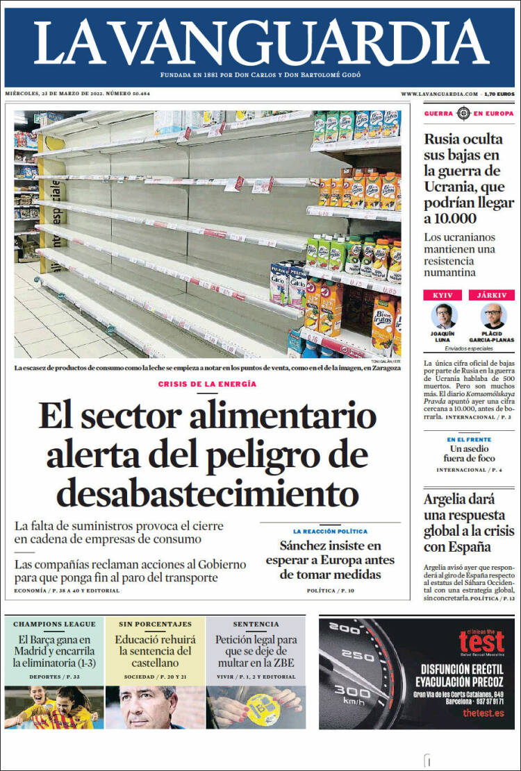 Portada de La Vanguardia (España)