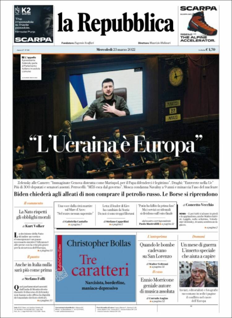 Portada de La Repubblica (Italia)