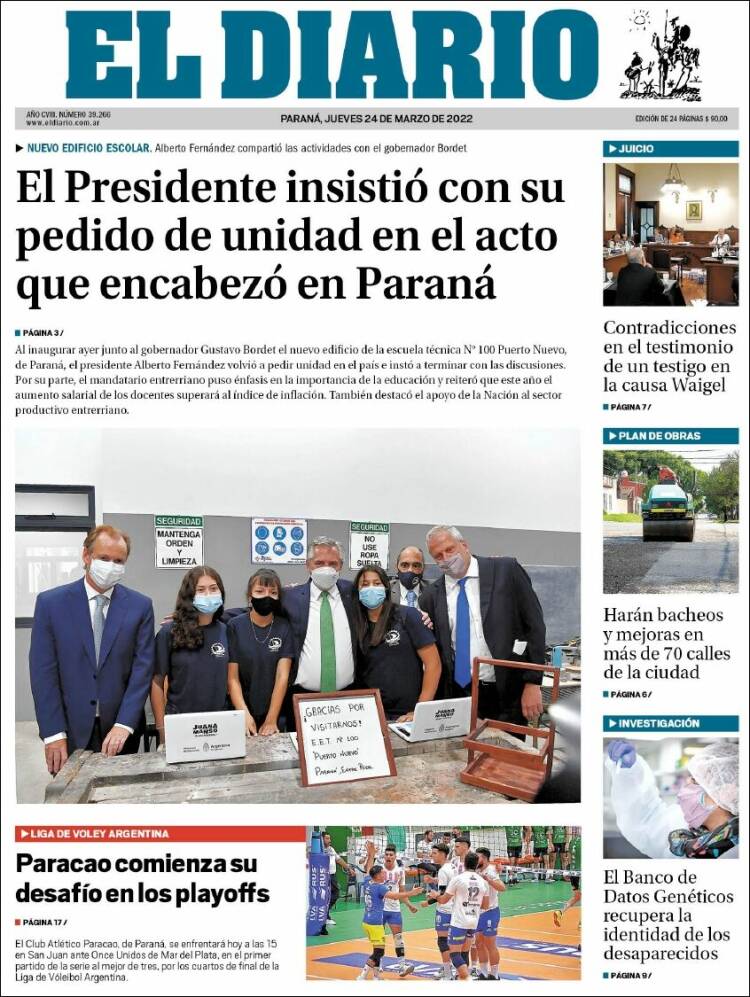 Portada de El Diario de Paraná (Argentina)