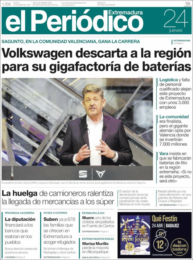 Portada de El Periódico de Extremadura (España)