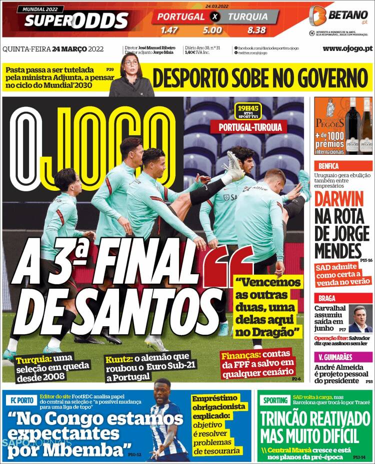 Portada de O Jogo (Portugal)