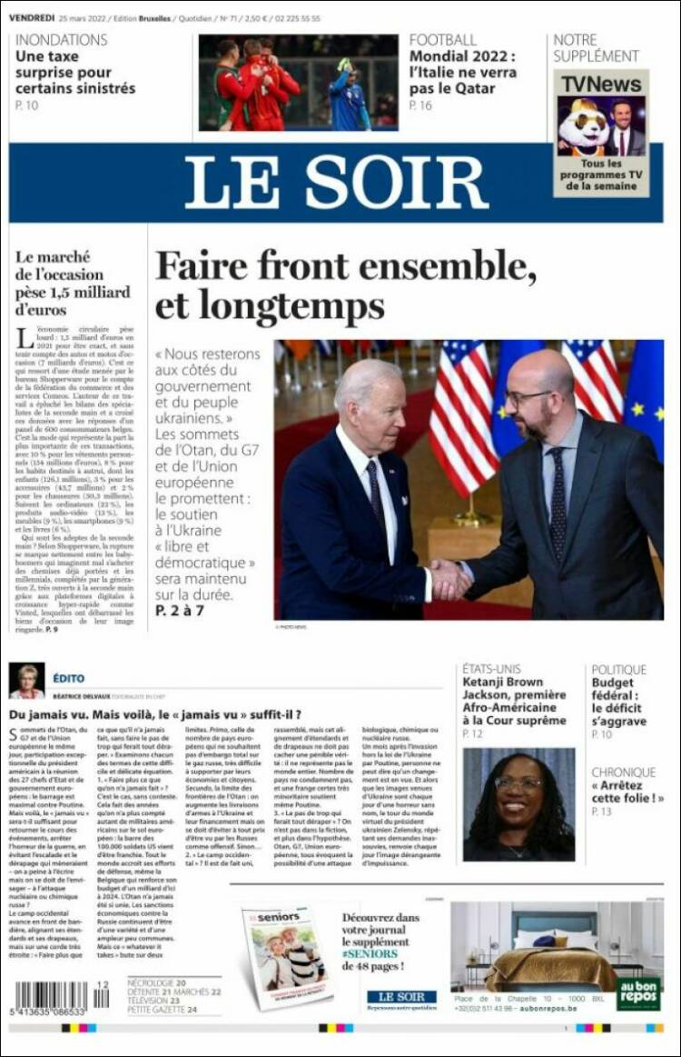 Portada de Le Soir (B&eacute;lgica)