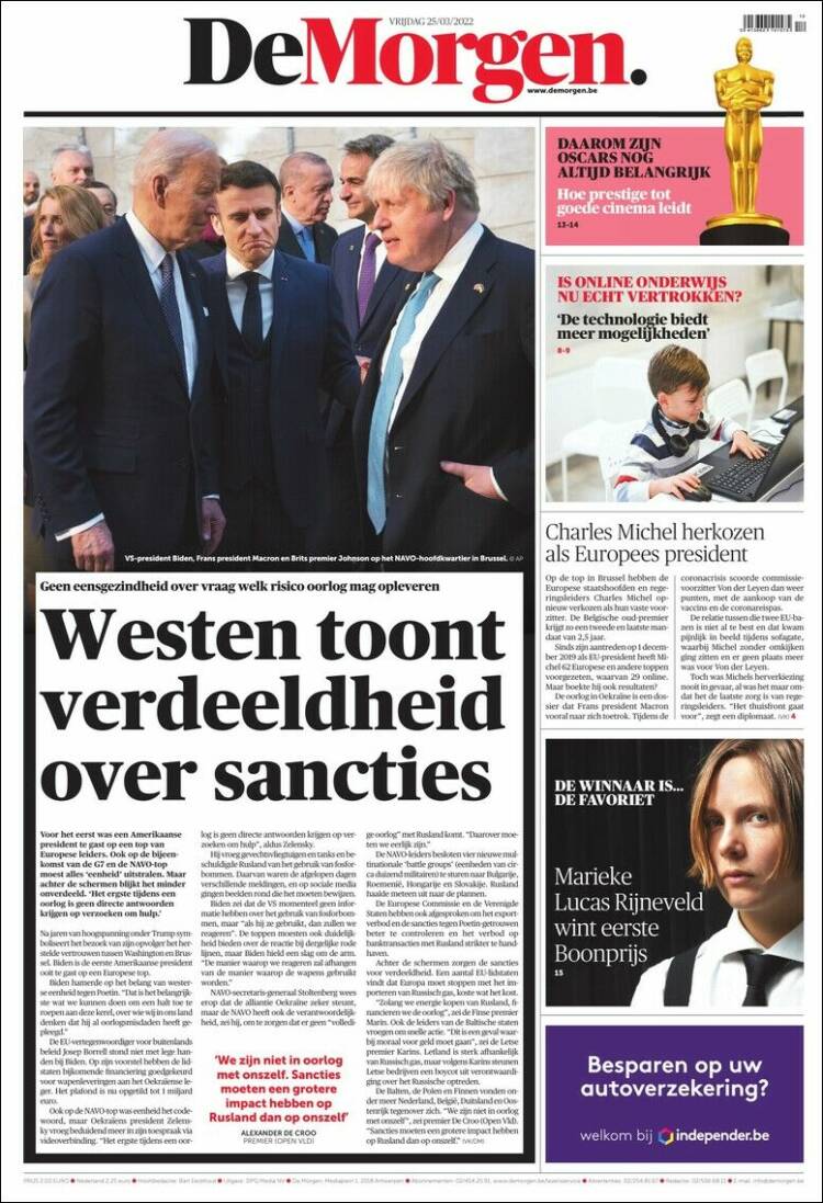 Portada de De Morgen (B&eacute;lgica)