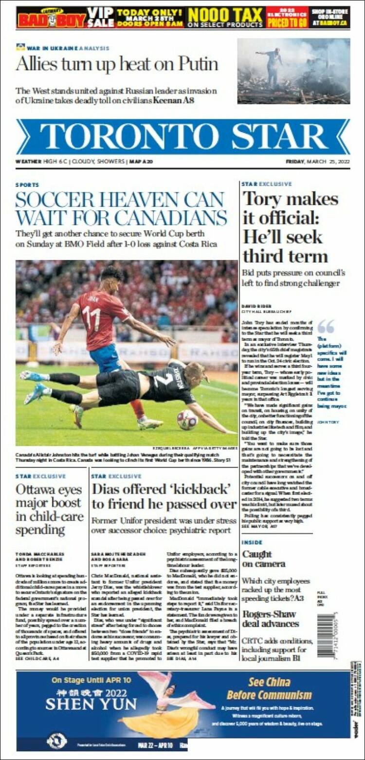 Portada de The Toronto Star (Canadá)