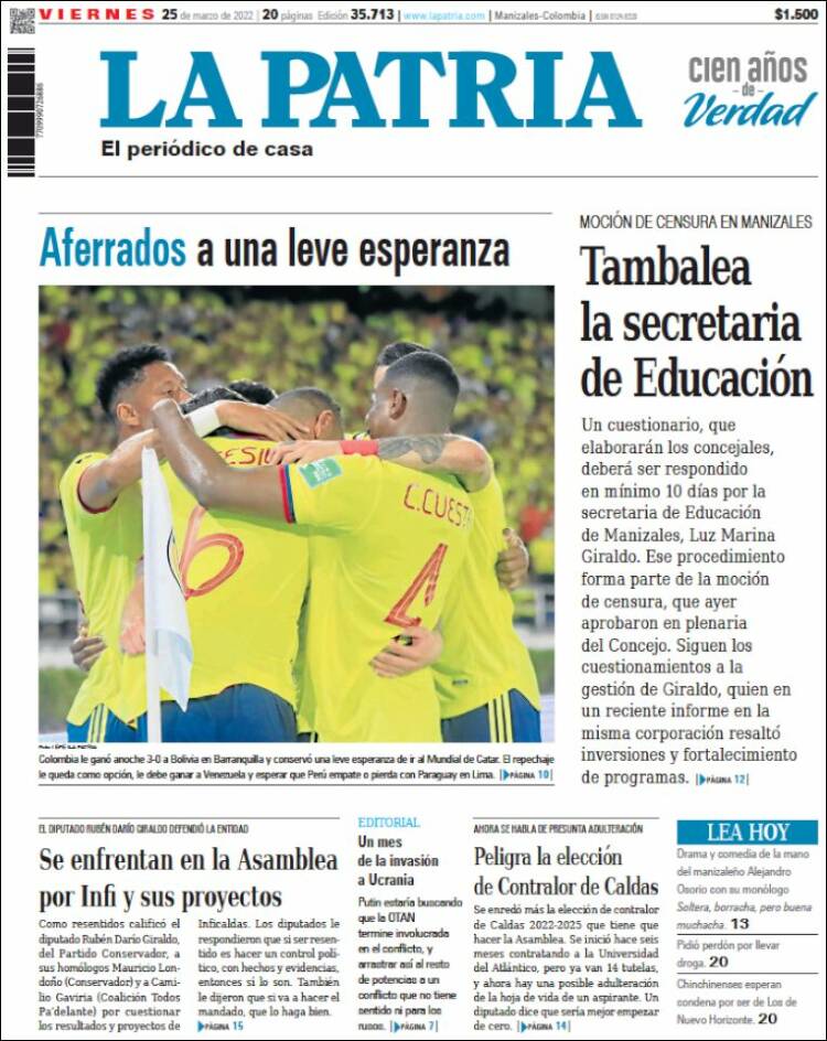 Portada de La Patria (Colombia)
