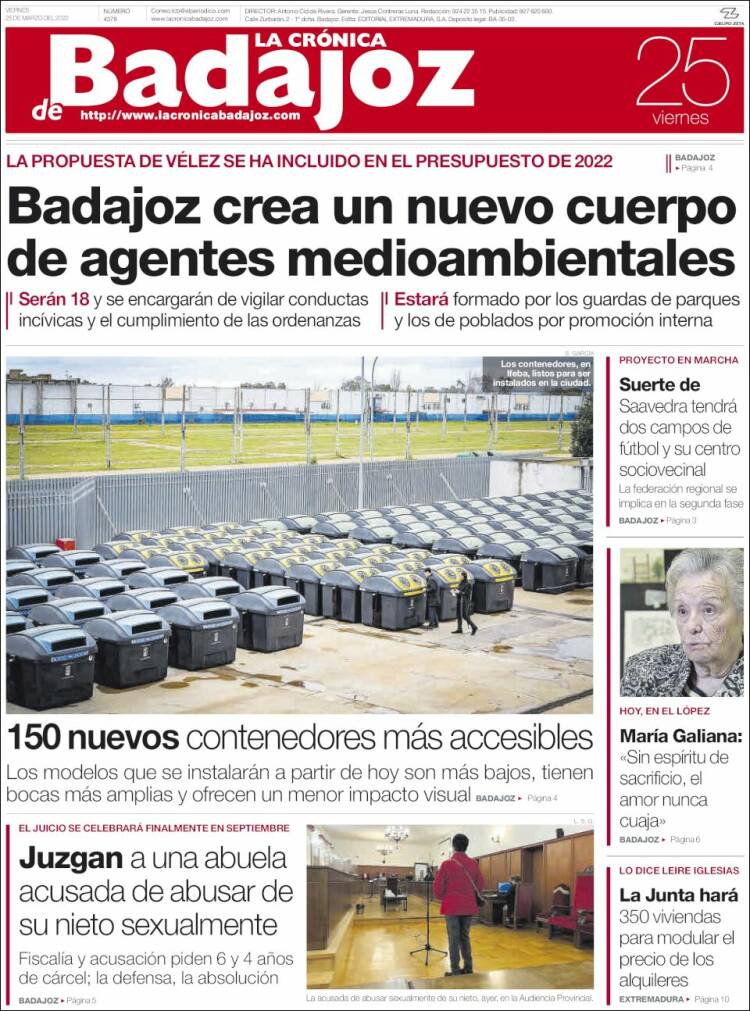 Portada de La Crónica de Badajoz (España)