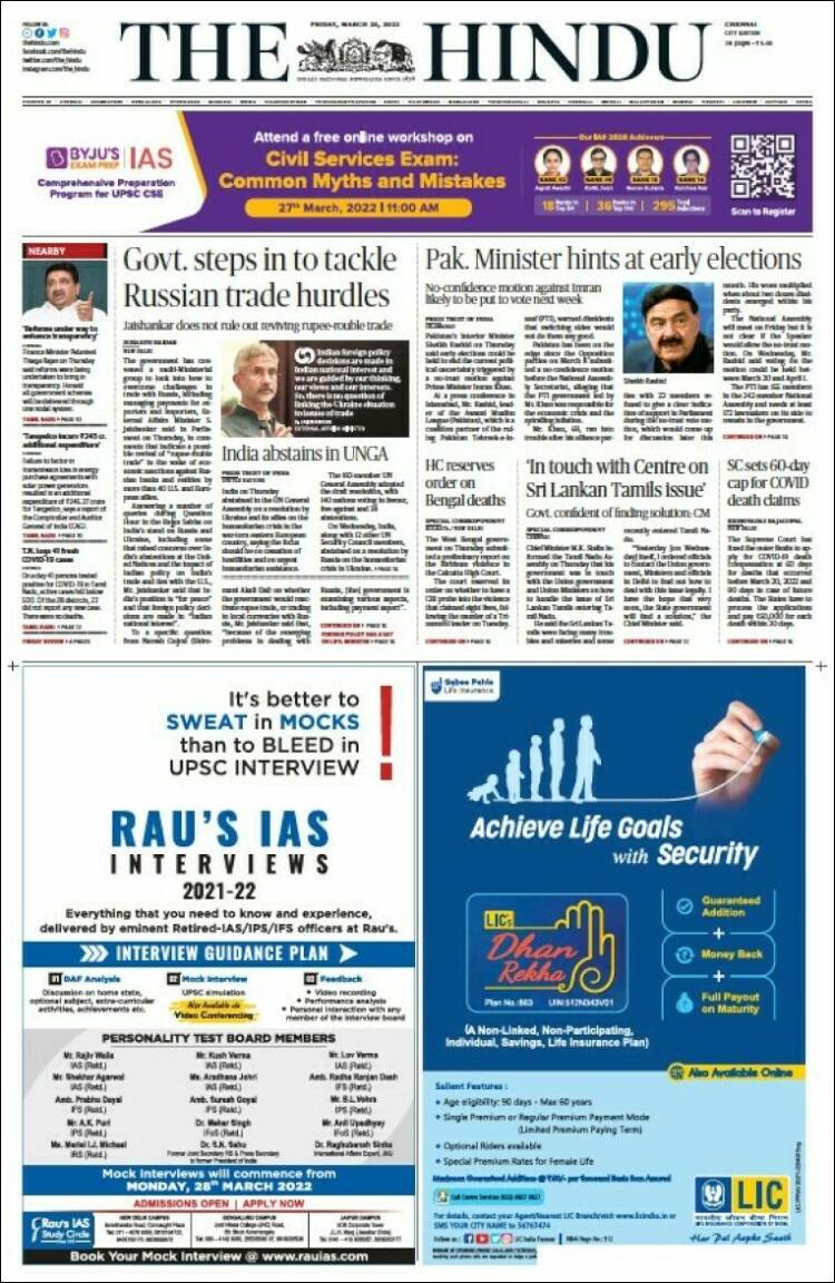 Portada de The Hindu (India)