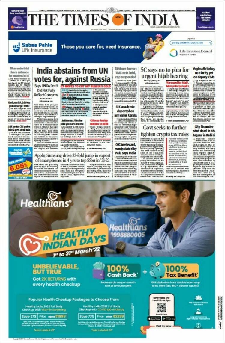 Portada de The Times of India (India)