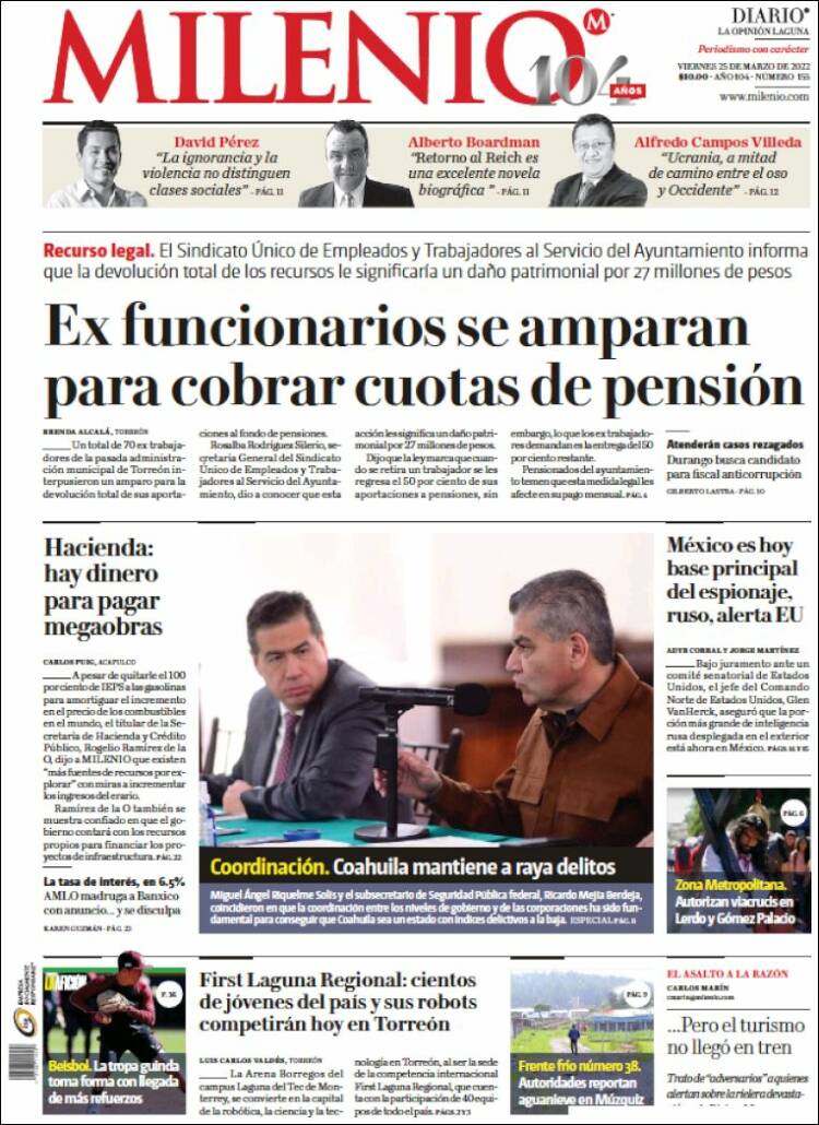 Portada de Milenio - Laguna (México)