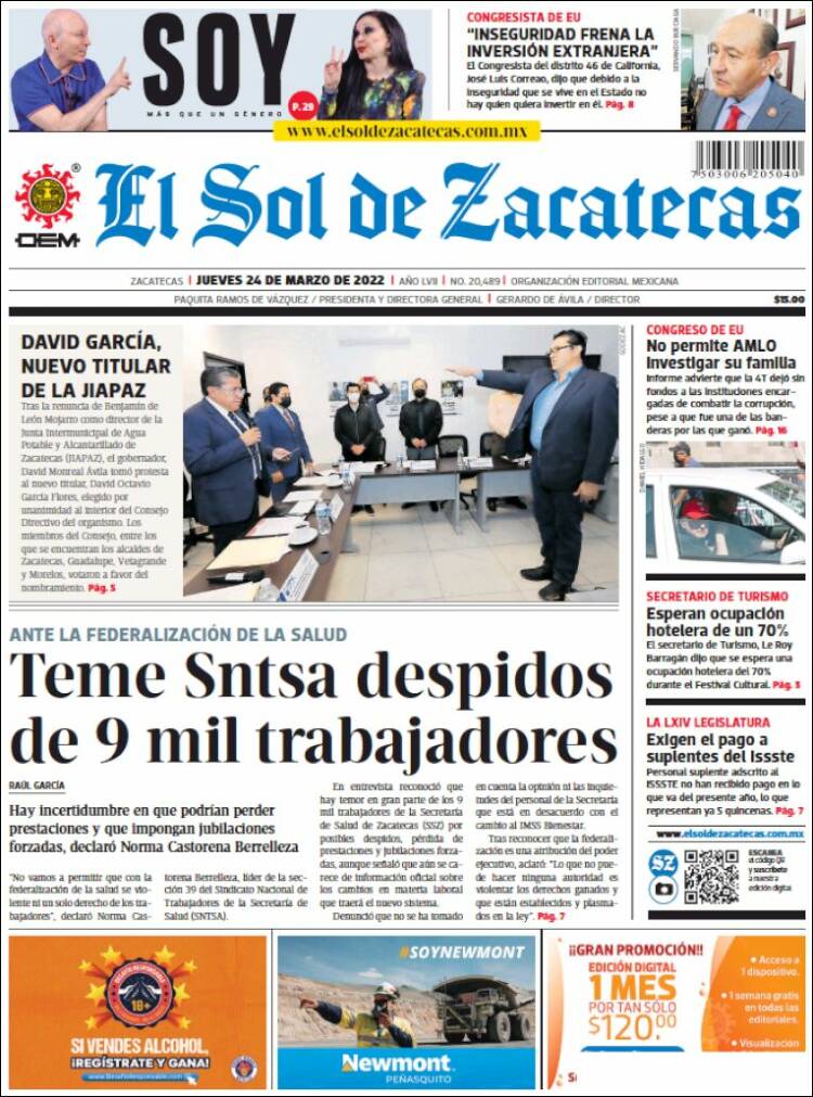 Portada de El Sol de Zacatecas (México)