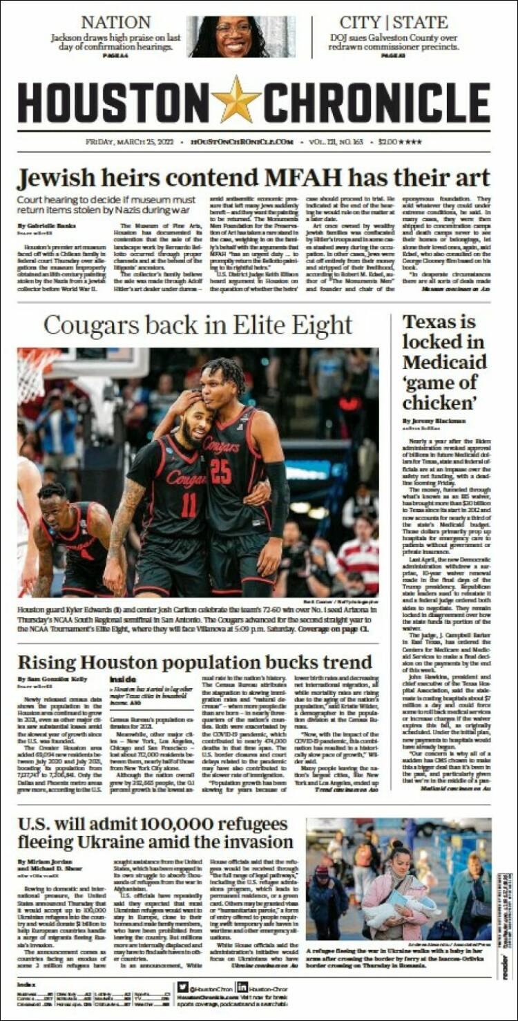 Portada de Houston Chronicle (USA)